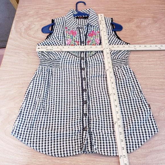 109°F Womens Top Large Black Plaid Gingham Embroidered Floral Cottagecore - Picture 13 of 16